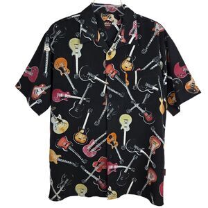 VTG Gibson Tour Wear Shirt Men's L Black Button Guitars All Over Print Rockcore